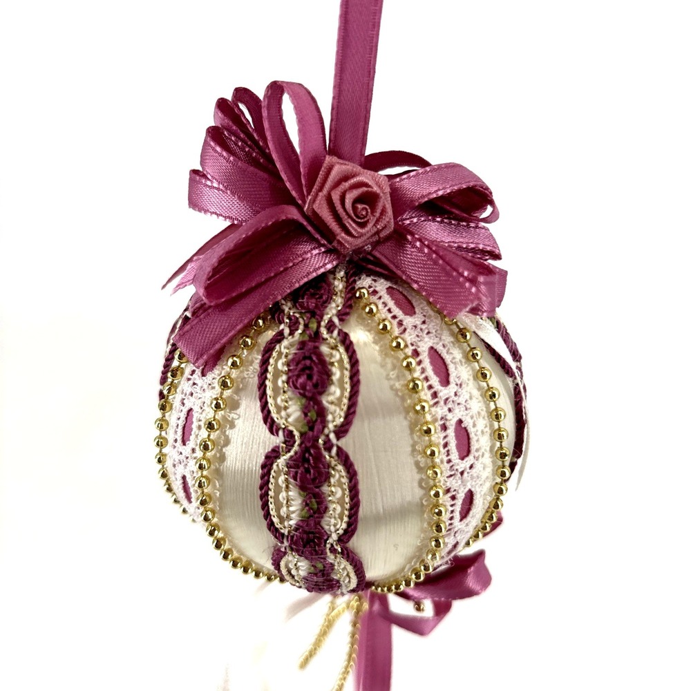 Beautiful Vintage White & Pink Beaded Lace Bows Satin Ball Ornament Coquette